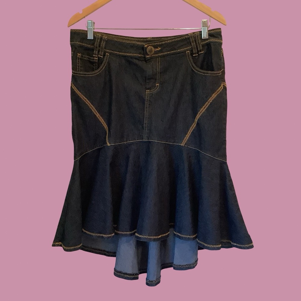 Bisou Bisou Denim Fit & Flare Edgy Rocker Skirt High Low Sexy Jean Skirt Sz 12